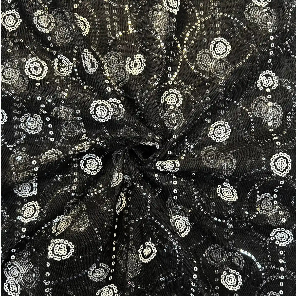 Black Floral Sequins Embroidered Mesh Fabric for Evening Gowns, Lehengas, Sarees and Party Wear.