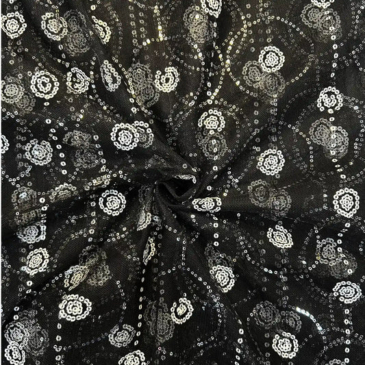 Black Floral Sequins Embroidered Mesh Fabric for Evening Gowns, Lehengas, Sarees and Party Wear.