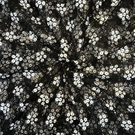 Black Floral Sequins Embroidered Net Fabric with Silver Floral Motifs for Gowns, Lehengas, Sarees and Party Wear.