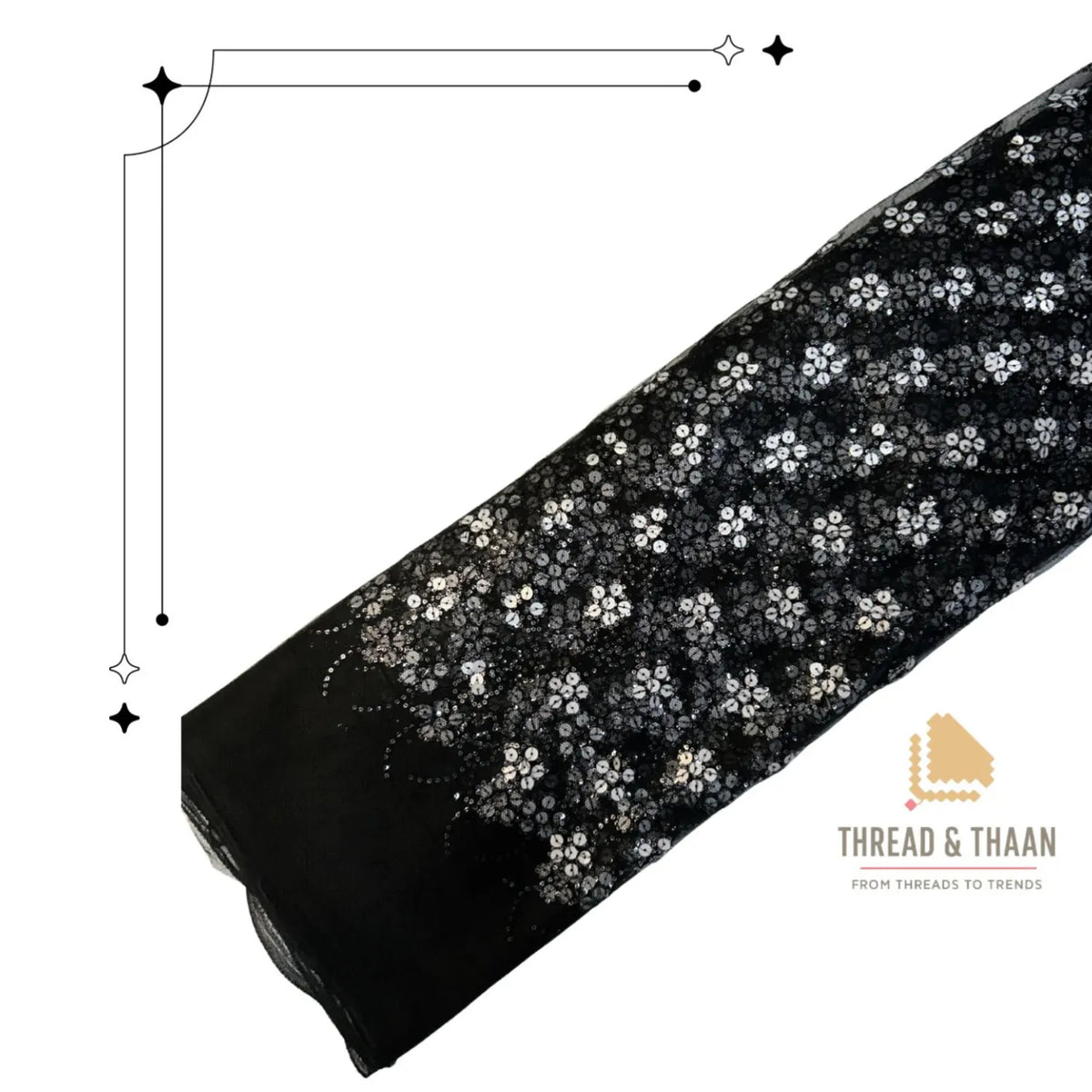 Black Floral Sequins Embroidered Net Fabric Roll for Bridal Gowns, Lehengas, Sarees and Party Wear.
