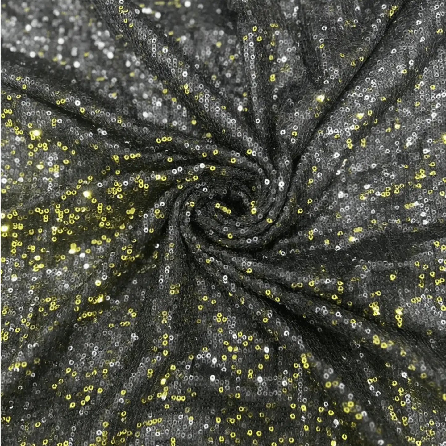 Premium black gold dual tone sequin net fabric arranged in a spiral drape, featuring heavy all-over gold and silver sequin embroidery on a soft net base with a luxurious shimmer, perfect for bridal lehengas, gowns, sarees, cocktail dresses and party wear.