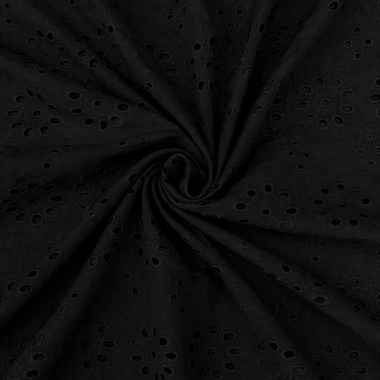 Premium Black Hakoba Schiffli Cotton Fabric with elegant eyelet embroidery, 44-inch width, soft breathable cotton fabric ideal for kurtis, dresses, salwar suits, tops, blouses and ethnic wear.