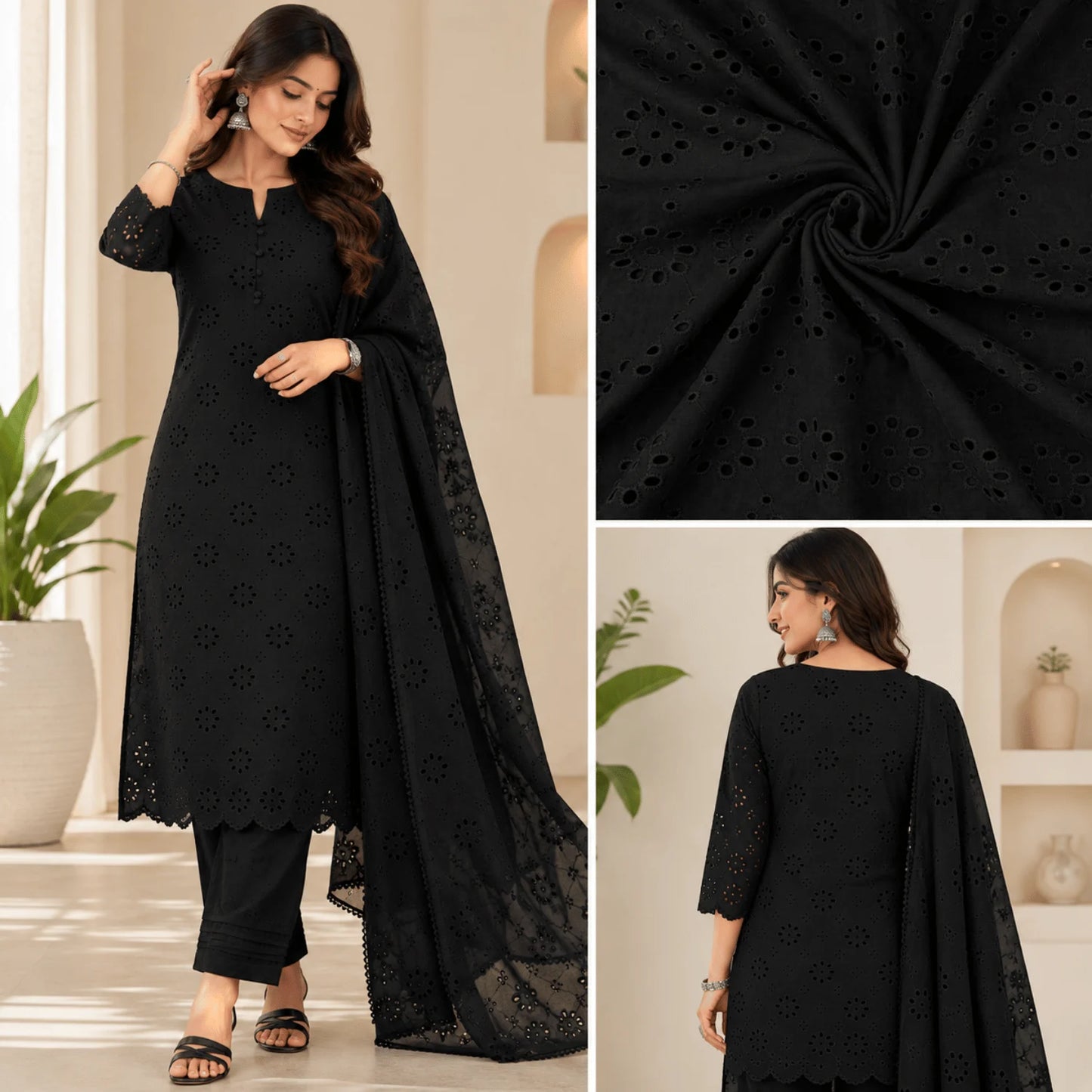 Women's Black Hakoba Schiffli Cotton Kurti Set with front and back views, crafted from premium embroidered cotton fabric for ethnic wear and festive occasions.