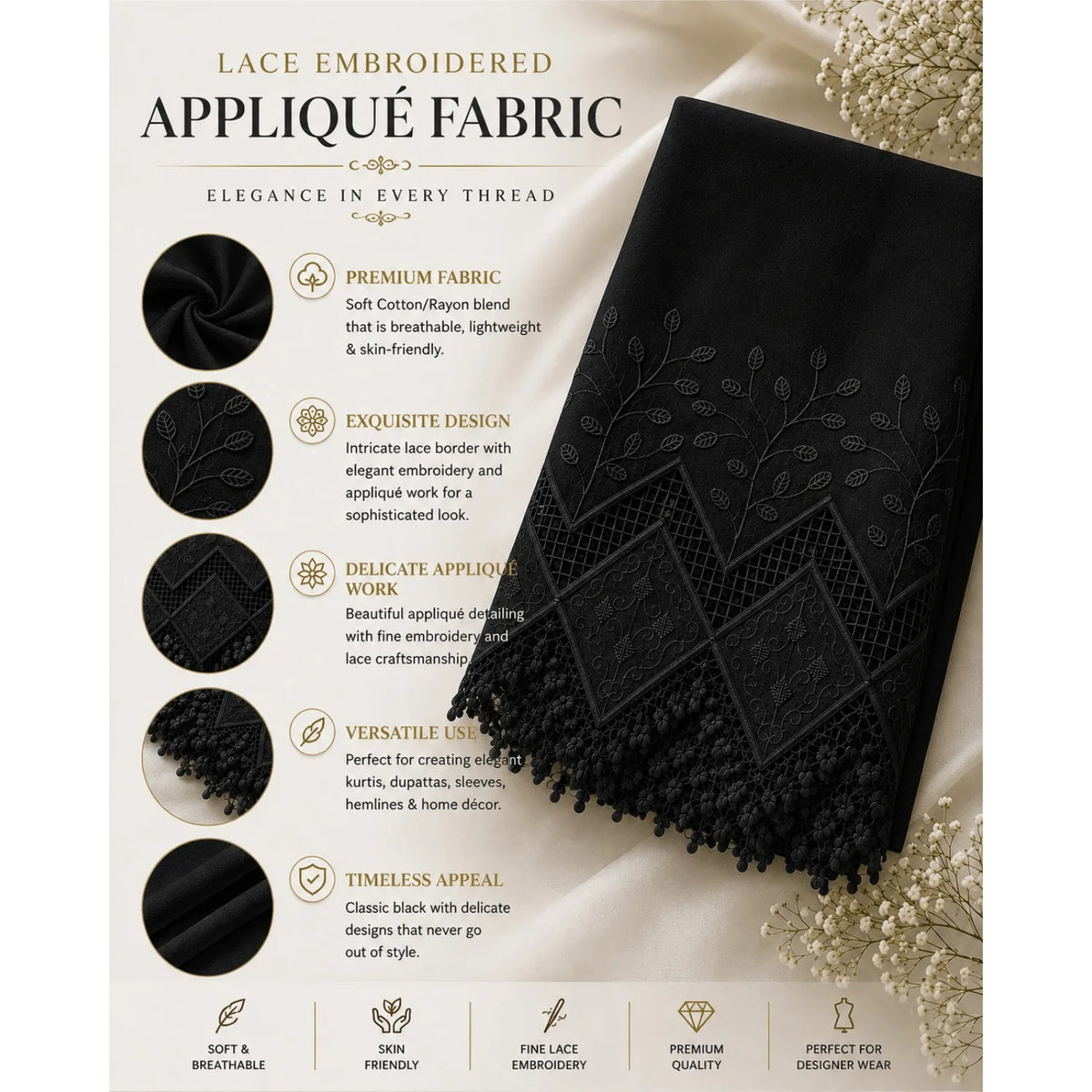 Luxury black applique embroidery fabric featuring floral embroidery, cutwork lace border and premium fabric details.