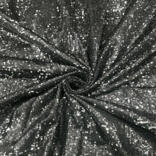 Black Micro Sequins Embroidered Net Fabric for Gowns, Sarees and Party Wear.