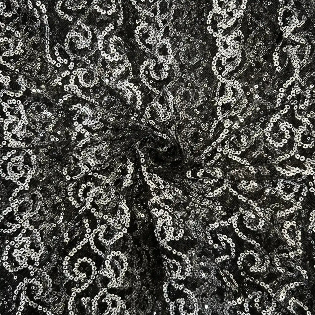 Black Paisley Sequins Embroidered Net Fabric for Bridal Gowns, Lehengas, Sarees and Party Wear.