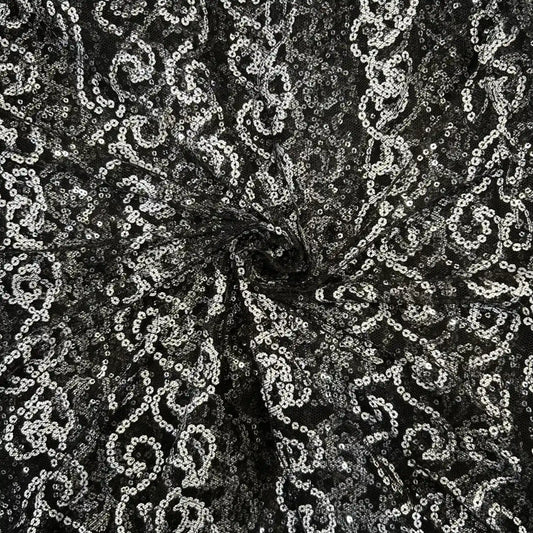 Black Paisley Sequins Embroidered Net Fabric for Bridal Gowns, Lehengas, Sarees and Party Wear.