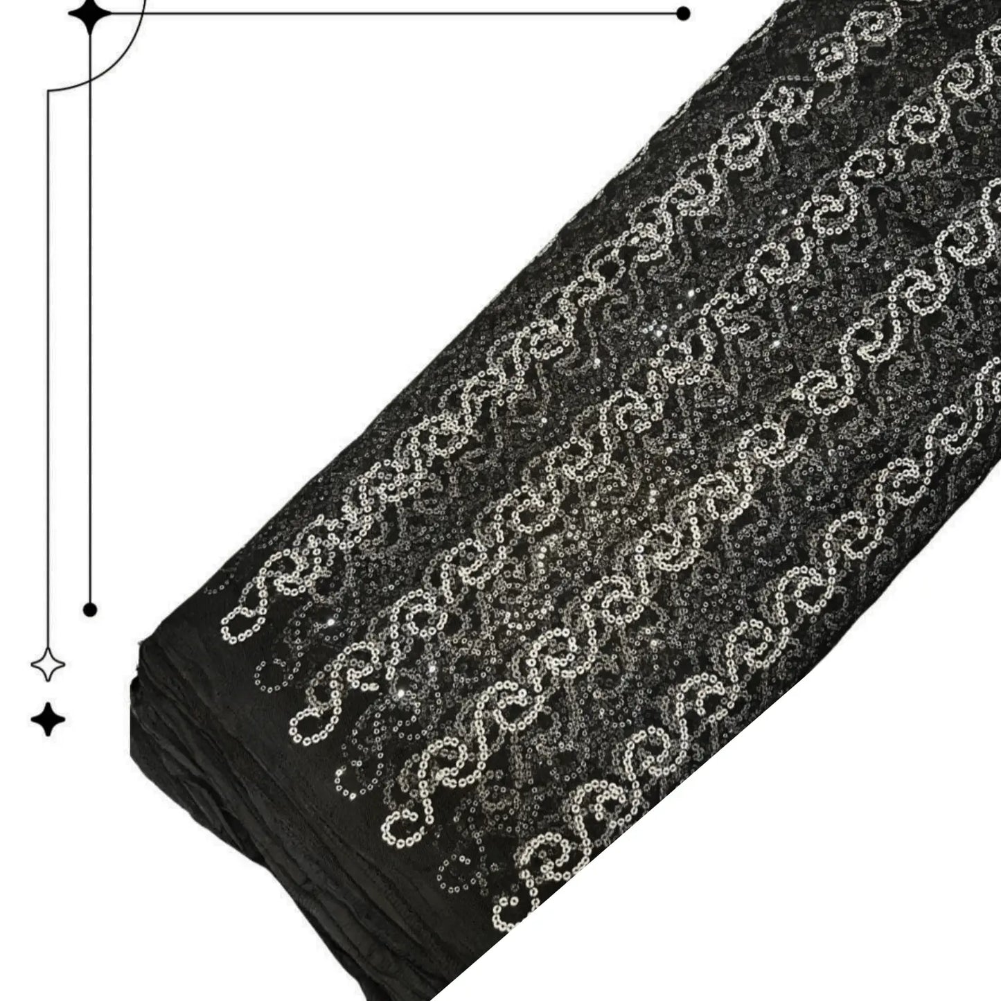 Black Paisley Sequins Embroidered Net Fabric Roll for Bridal Gowns, Lehengas, Sarees and Party Wear.