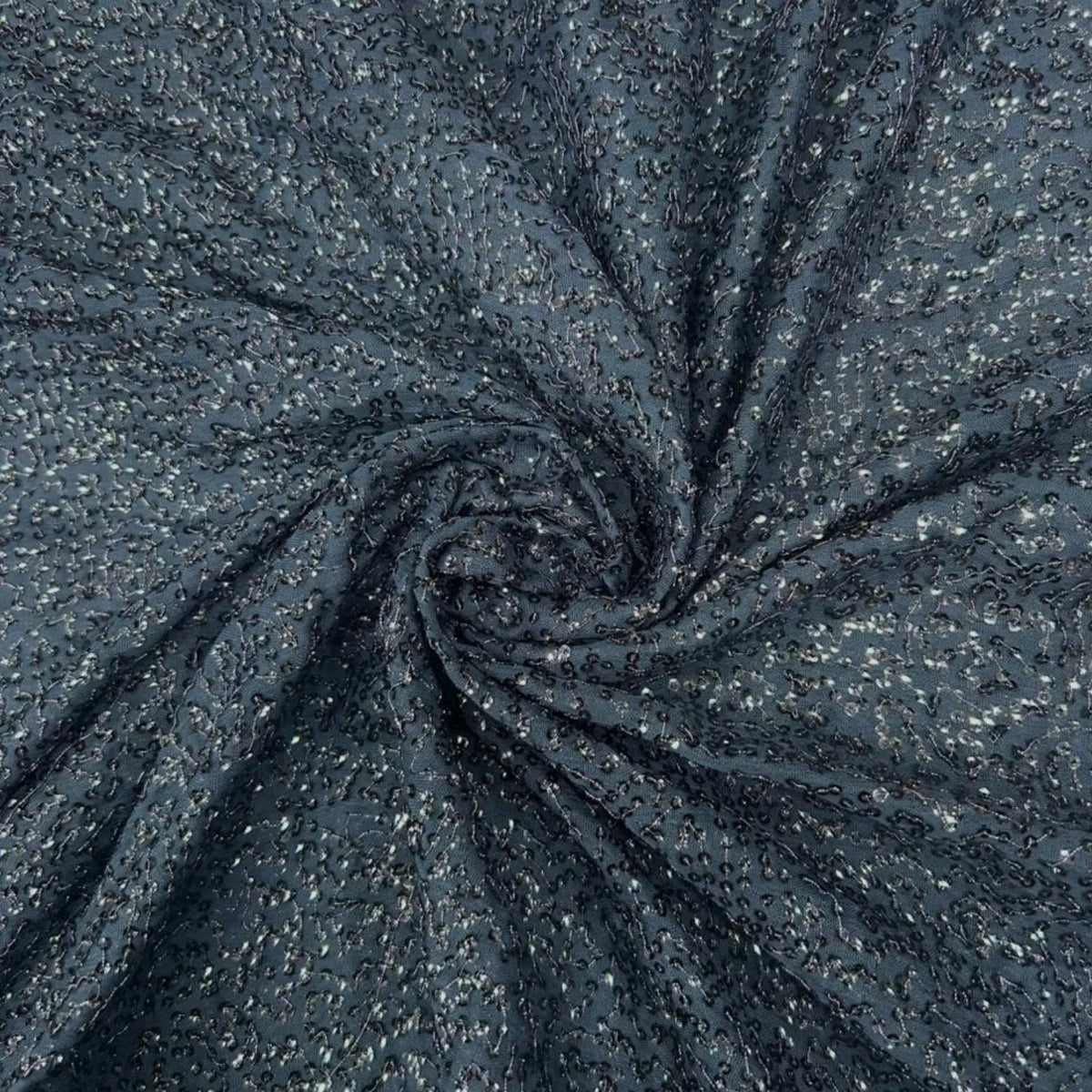 Black Sequins Embroidered Mesh Fabric with All-Over Shimmer for Gowns, Lehengas, Sarees and Party Wear.