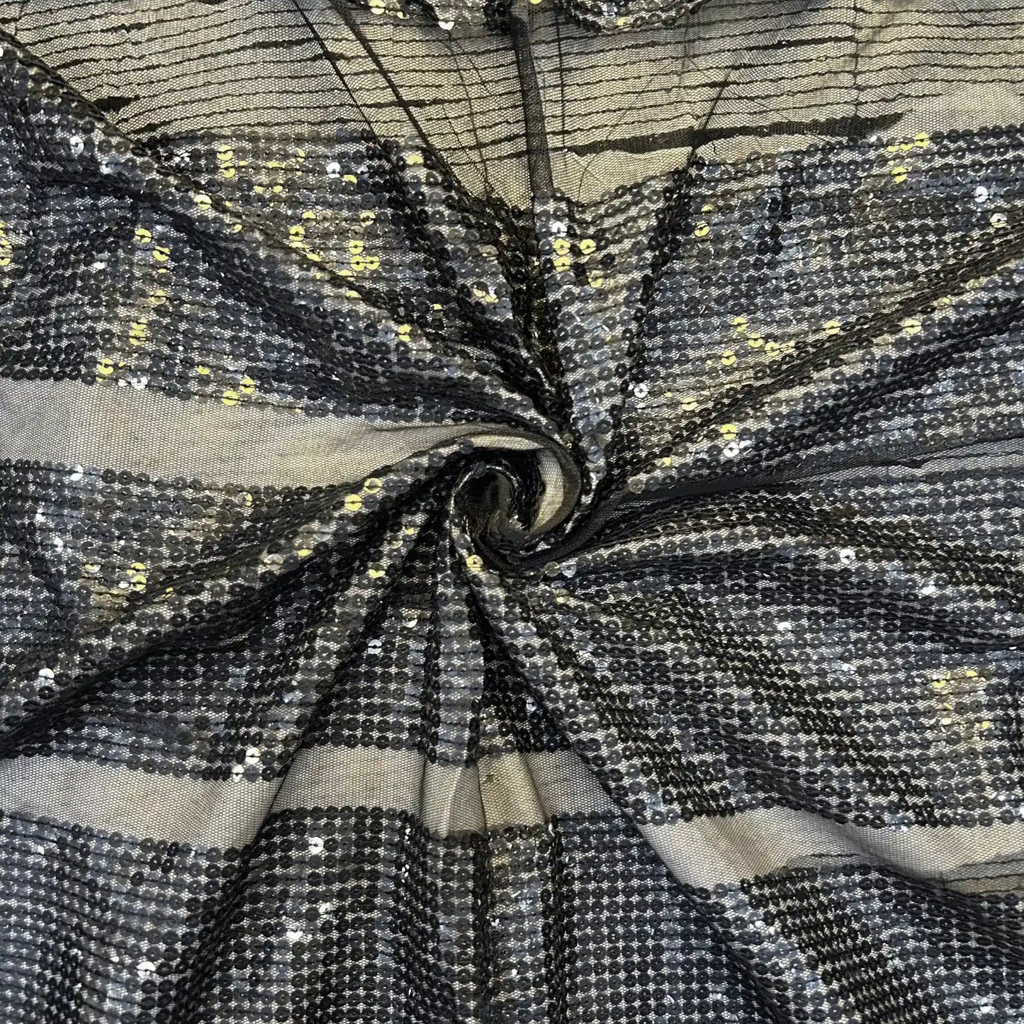 Black Striped Sequins Embroidered Net Fabric with Horizontal Sequin Pattern for Gowns, Lehengas and Party Wear.