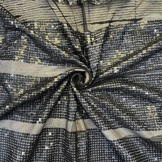 Black Striped Sequins Embroidered Net Fabric with Horizontal Sequin Pattern for Gowns, Lehengas and Party Wear.