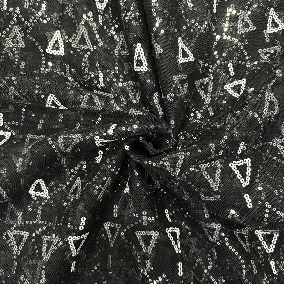 Black Triangle Sequins Embroidered Net Fabric with Geometric Pattern for Gowns, Lehengas, Sarees and Party Wear.