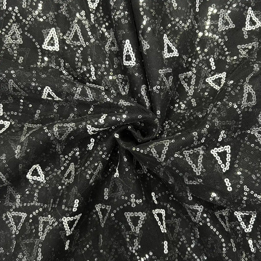 Black Triangle Sequins Embroidered Net Fabric with Geometric Pattern for Gowns, Lehengas, Sarees and Party Wear.