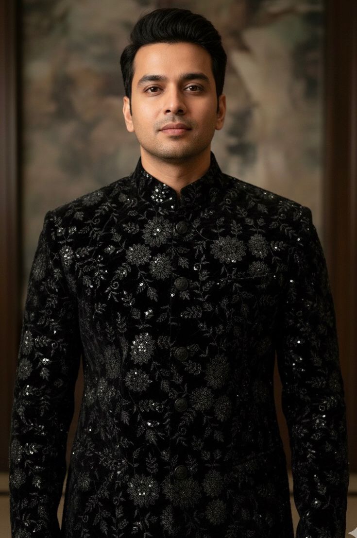 Flat lay shot of premium black velvet floral work fabric with rich embroidery, perfect for sherwani, Indo-Western jackets and blazers