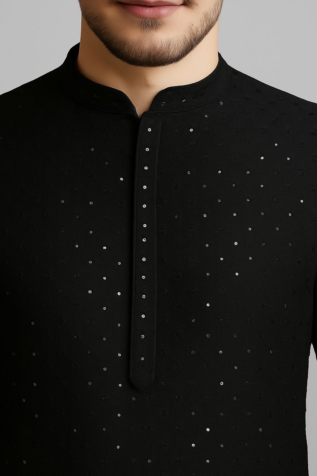 Premium black rayon viscose sequin and embroidery fabric for men’s traditional and festive kurta wear

