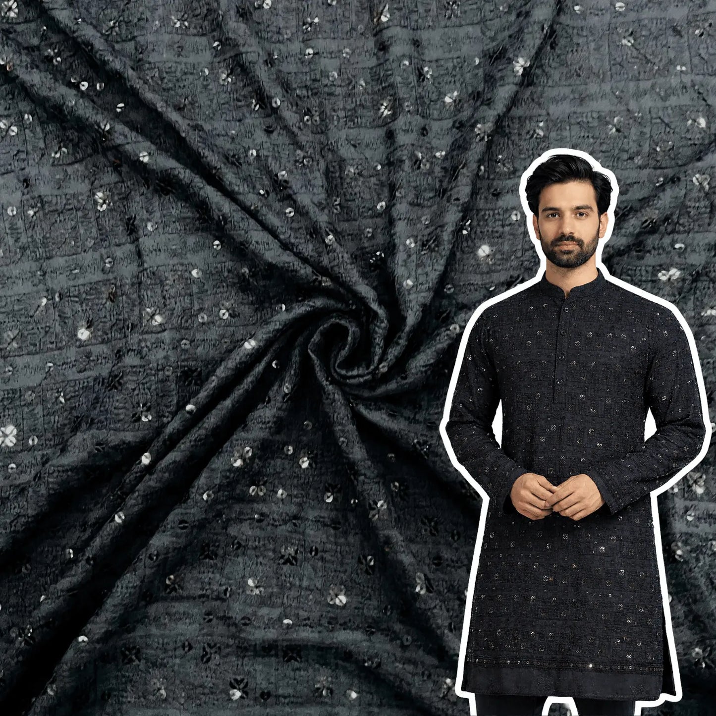 Black rayon viscose chess design embroidered kurta fabric with sequin work for festive menswear