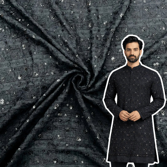 Black rayon viscose chess design embroidered kurta fabric with sequin work for festive menswear