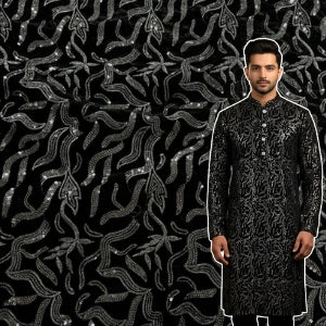High-quality black velvet with heavy silver embellishment suitable for ethnic and festive wear.