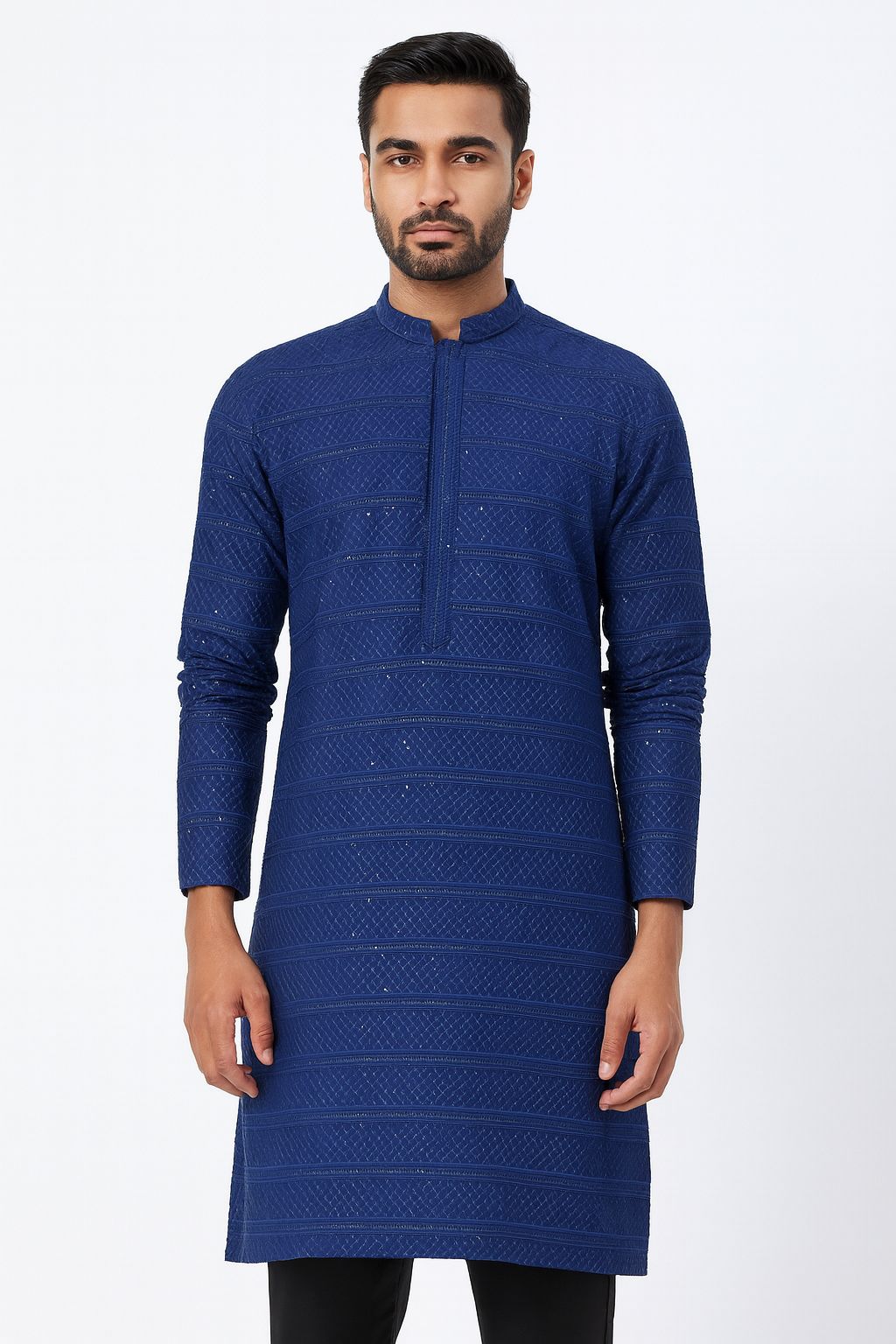 Premium blue rayon viscose sequin and embroidery fabric for men’s festive kurta and traditional outfits

