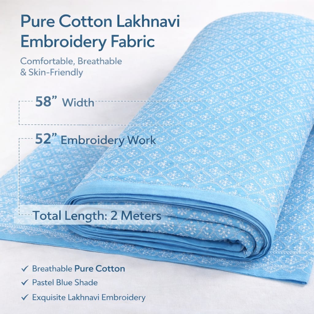 Blue embroidered cotton fabric for women kurti and dresses