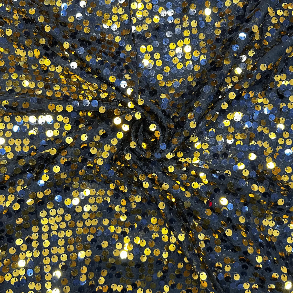 Premium Blue and Gold tissue sequin fabric with sparkling all-over glitter work and soft drape, ideal for wedding gowns, festive outfits, evening dresses and designer apparel.