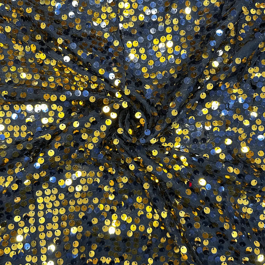 Premium Blue and Gold tissue sequin fabric with sparkling all-over glitter work and soft drape, ideal for wedding gowns, festive outfits, evening dresses and designer apparel.