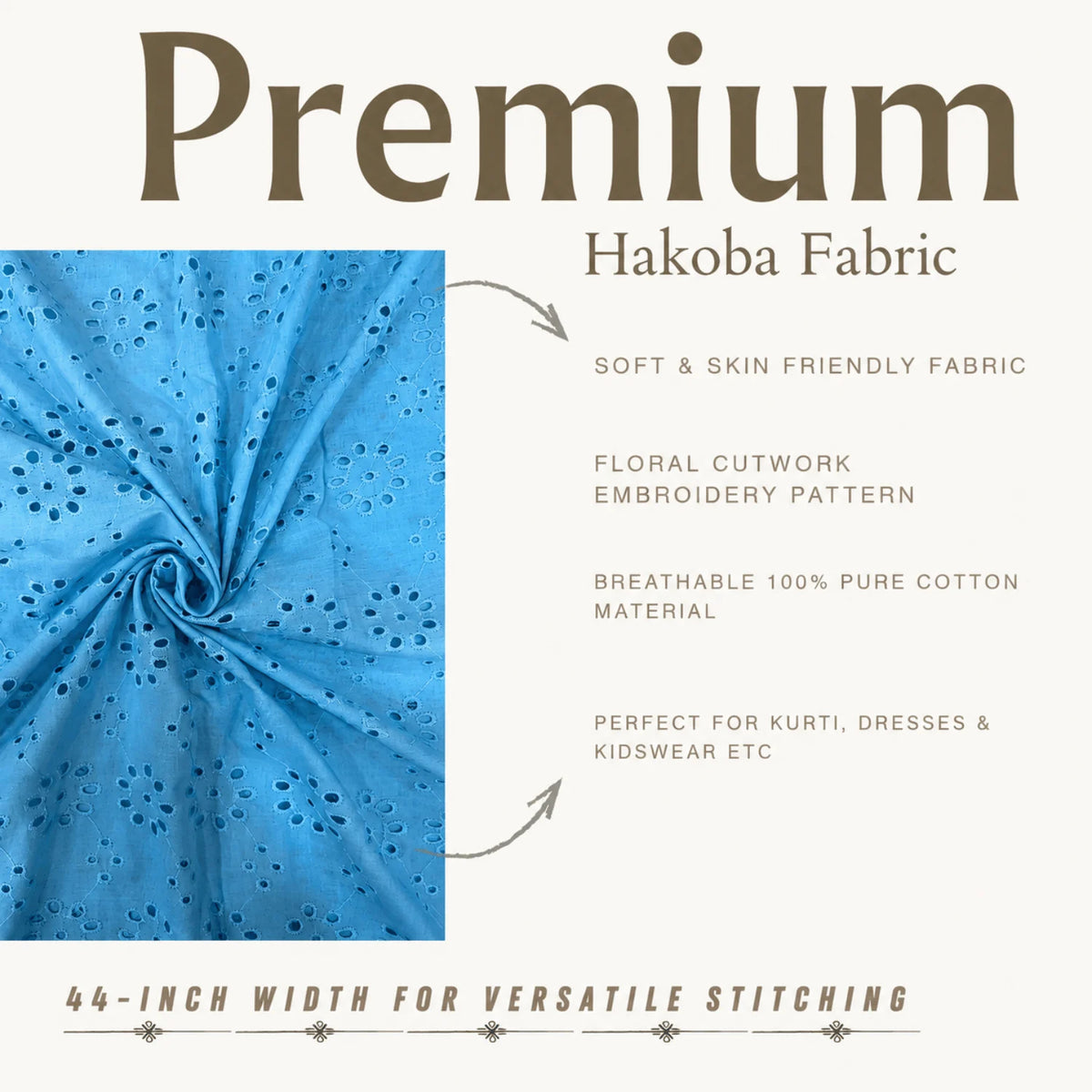 Premium Blue Hakoba Schiffli Cotton Fabric featuring floral cutwork embroidery, soft breathable 44-inch wide cotton fabric for kurtis, dresses, tops, kidswear and ethnic wear.