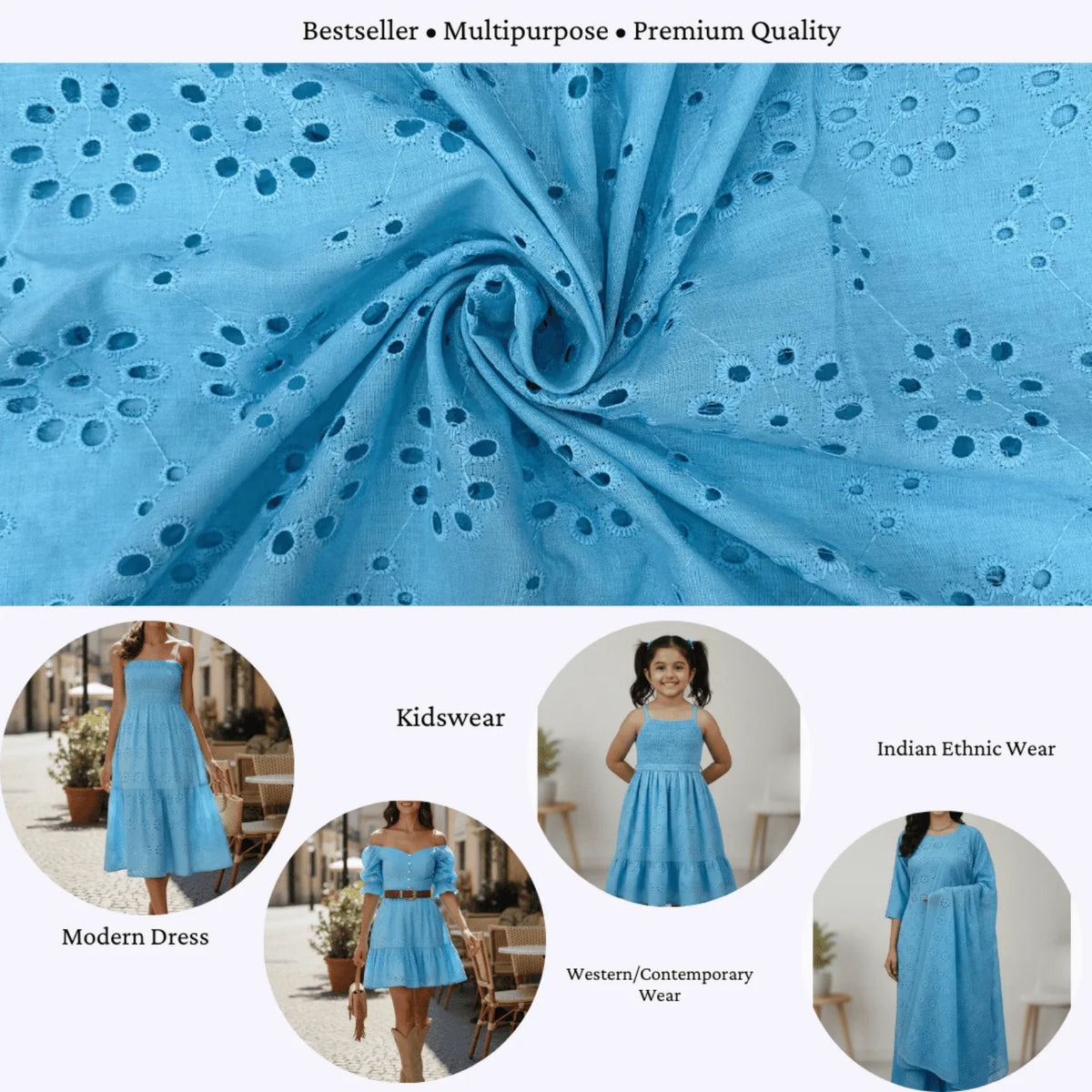 Premium Blue Hakoba Schiffli Cotton Fabric suitable for Indian ethnic wear, western dresses, modern outfits and kidswear. Soft breathable 44-inch wide embroidered cotton fabric for kurtis, dresses and fashion apparel.