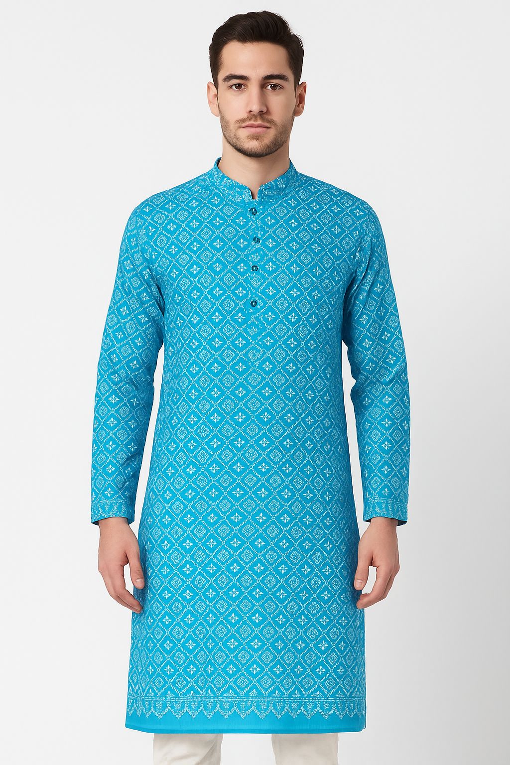 Premium blue pure cotton fabric with lakhnavi thread embroidery for ethnic and festive clothing

