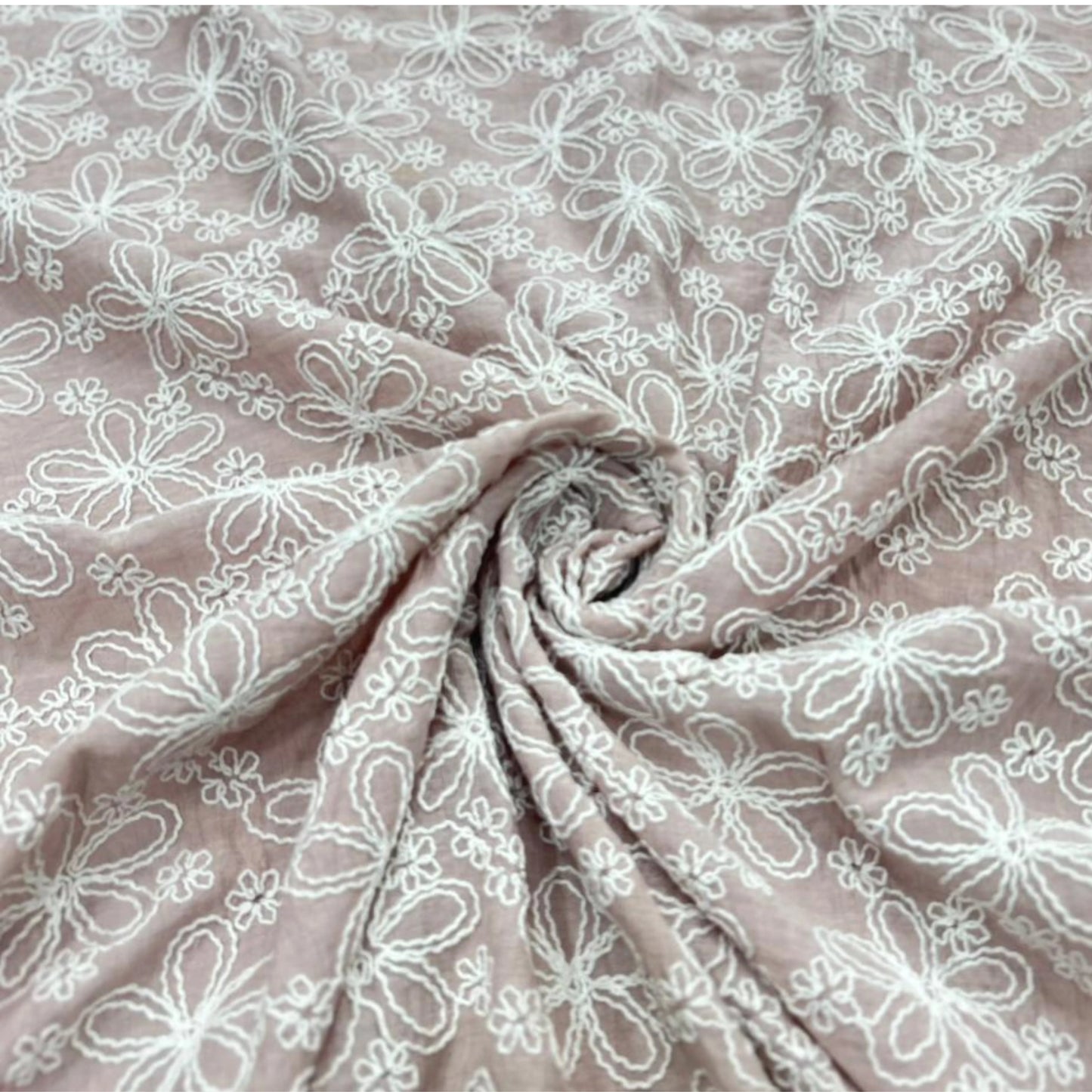 Close-up of blush pink Mal Chanderi fabric with white floral embroidery, 55-inch width and 49-inch embroidered work.