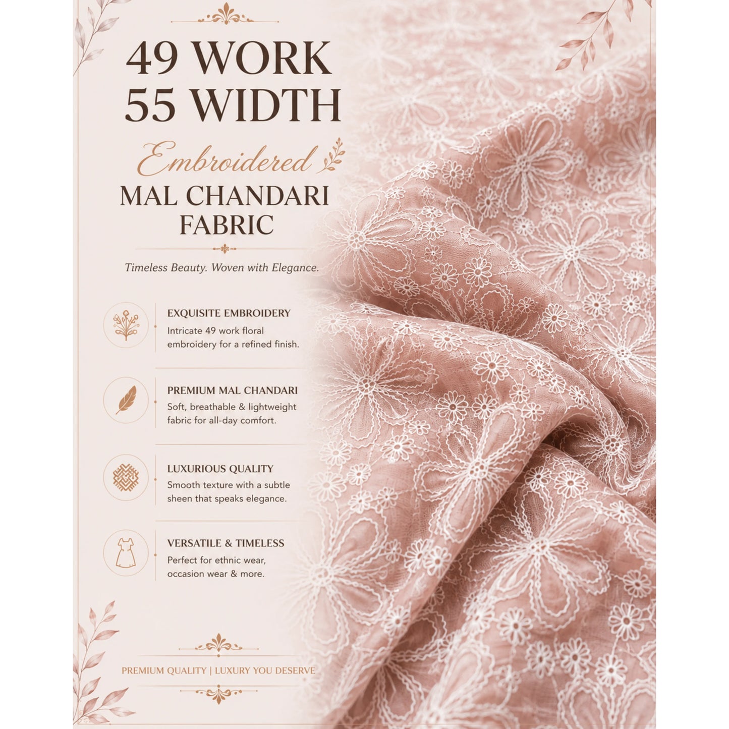 Blush pink Mal Chanderi fabric with white floral embroidery, highlighting 55-inch width, 49-inch embroidered work, and premium fabric features.