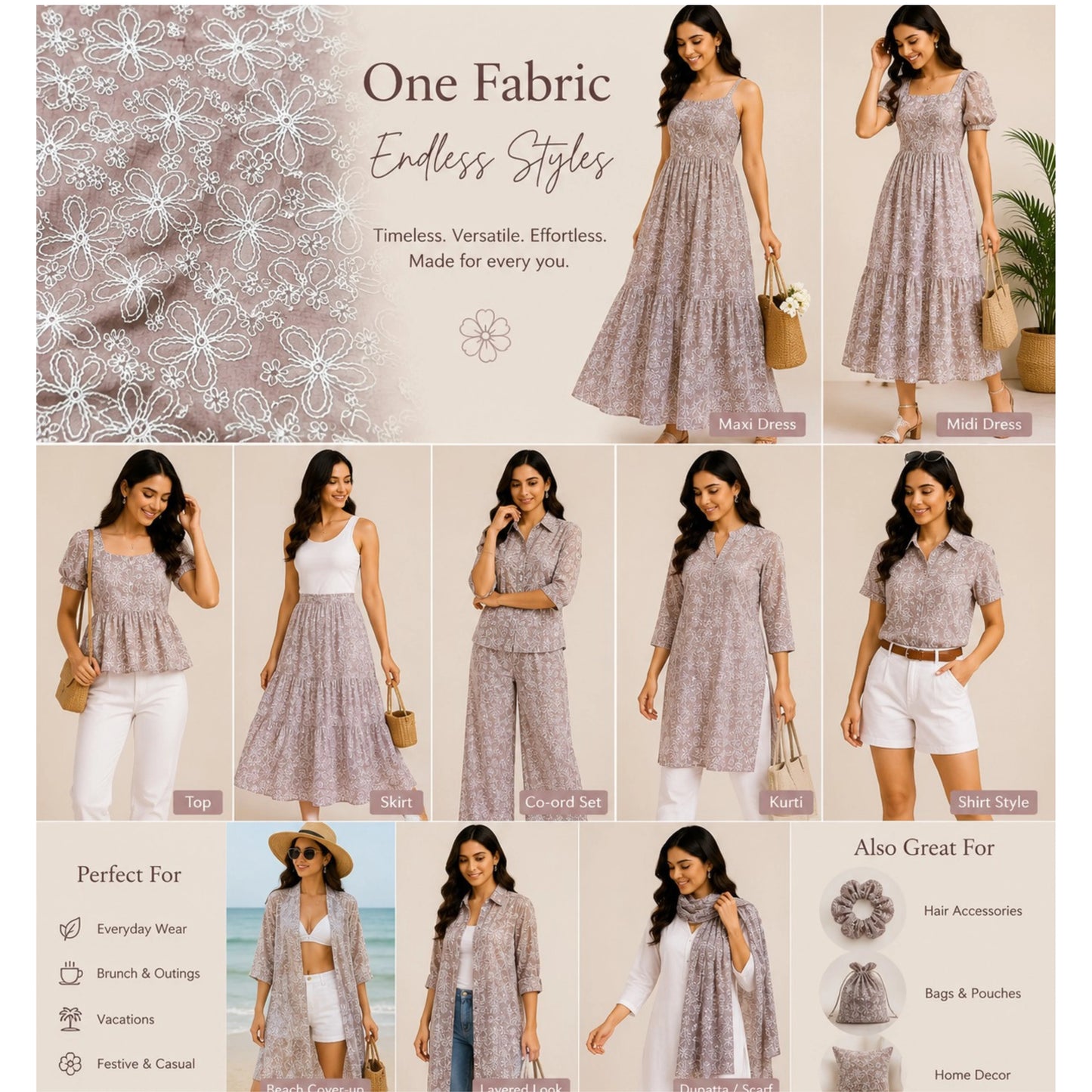 Style guide featuring outfit ideas made from blush pink Mal Chanderi fabric with white floral embroidery, 55-inch width and 49-inch embroidered work.
