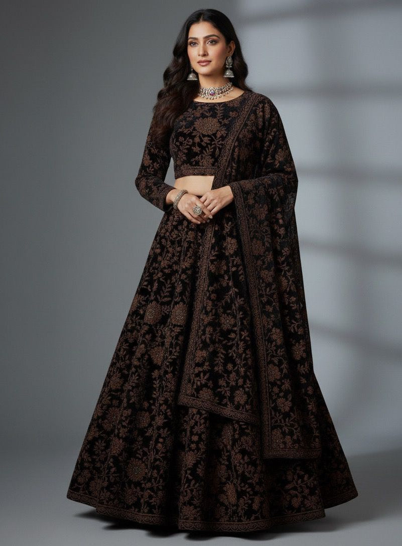 Luxury brown velvet fabric with floral embroidery for coat and blazer