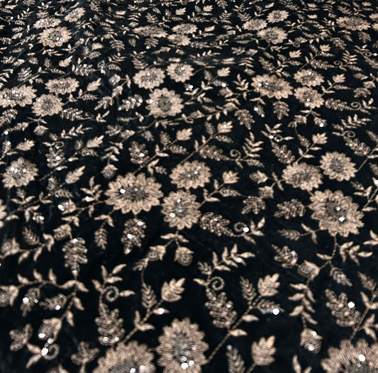 Premium brown velvet floral embroidery fabric, 44 inch width