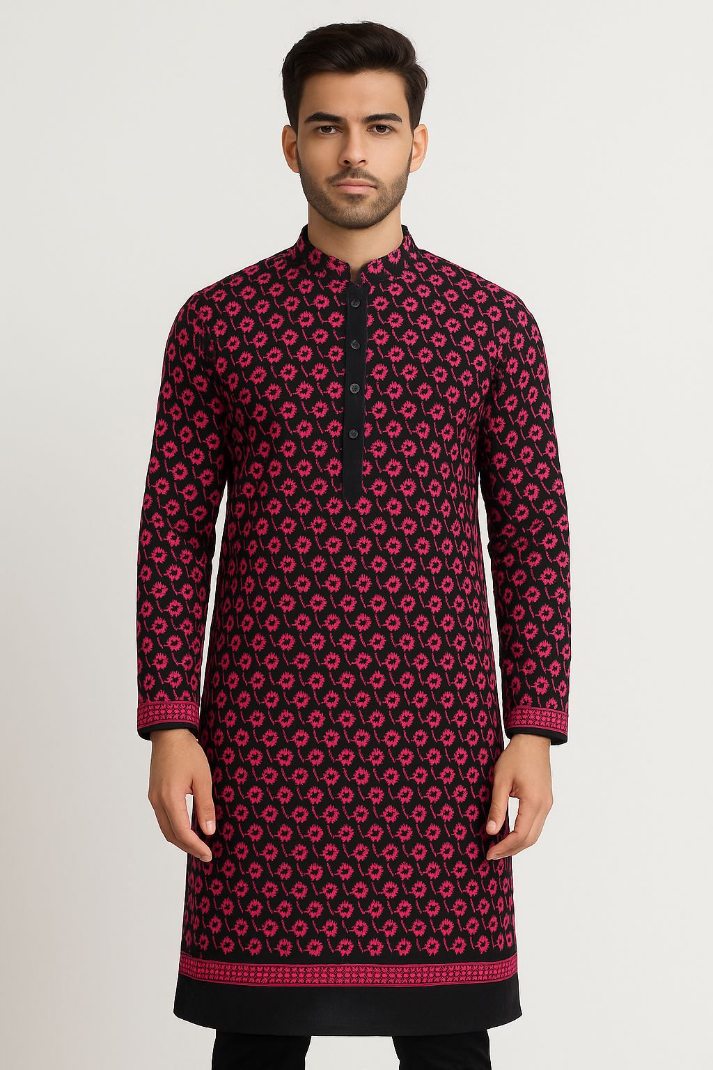 Premium black pink contrast embroidered fabric with sequin highlights for party wear and ethnic festive clothing

