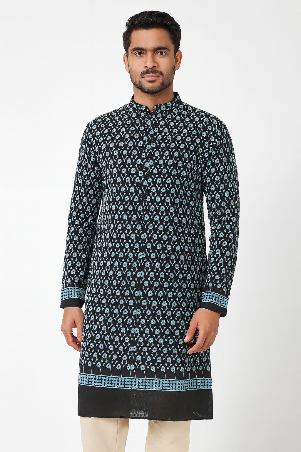 Premium black fabric with white contrast embroidery and sequin highlights for ethnic kurta and festive clothing


