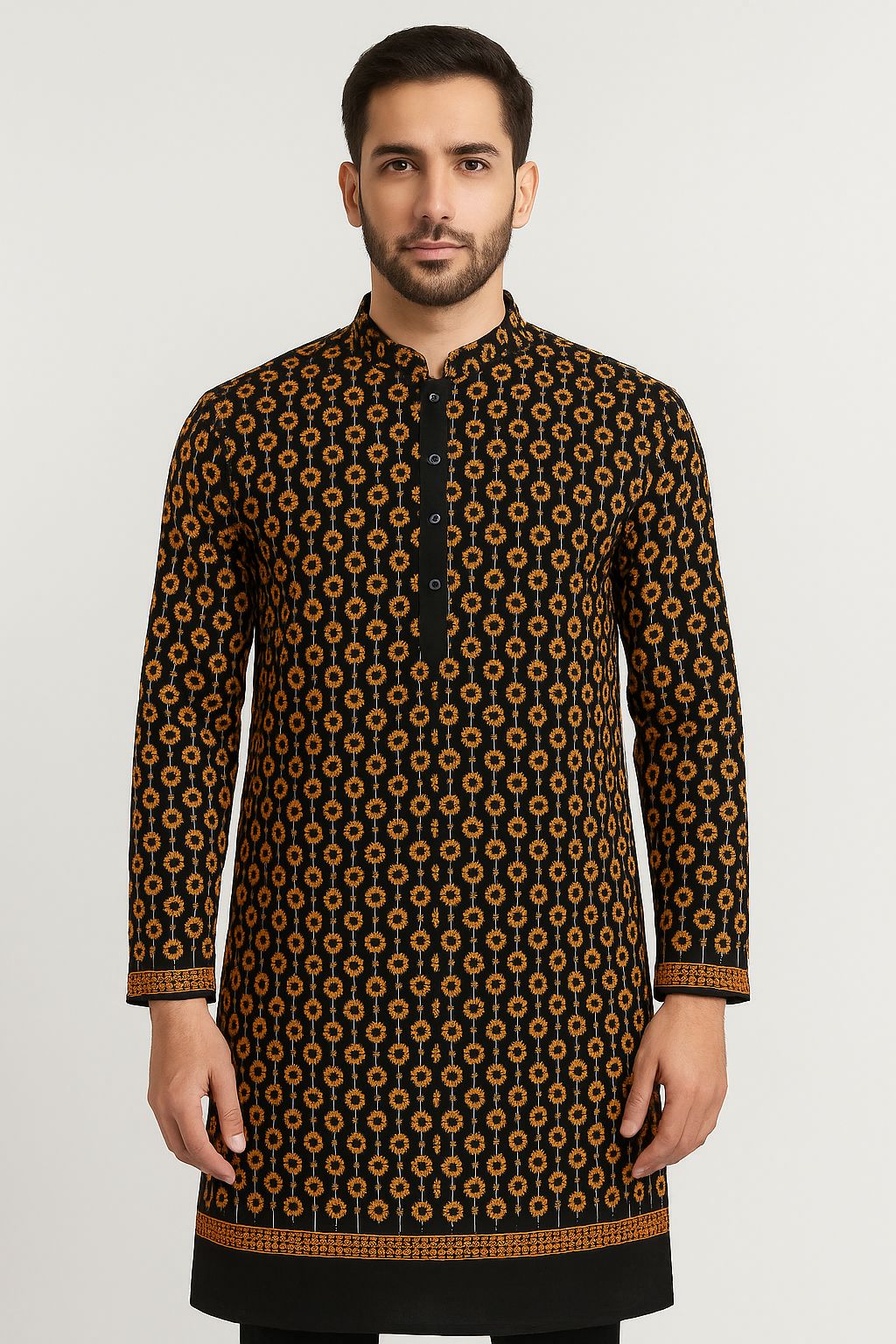 Premium black fabric with yellow contrast embroidery and sequin highlights for ethnic kurta and festive clothing

