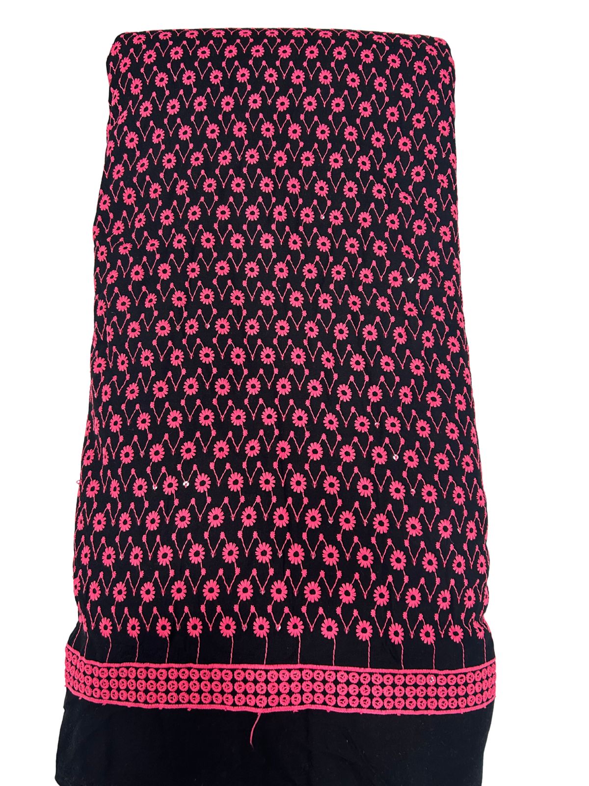 Designer black fabric with pink floral embroidery and sequins for festive kurta, suit and indo-western outfits

