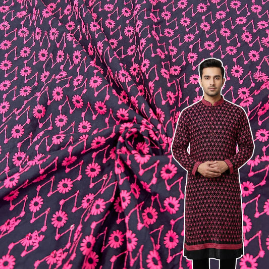 Black contrast floral embroidered fabric with pink thread and sequin work for festive wear
