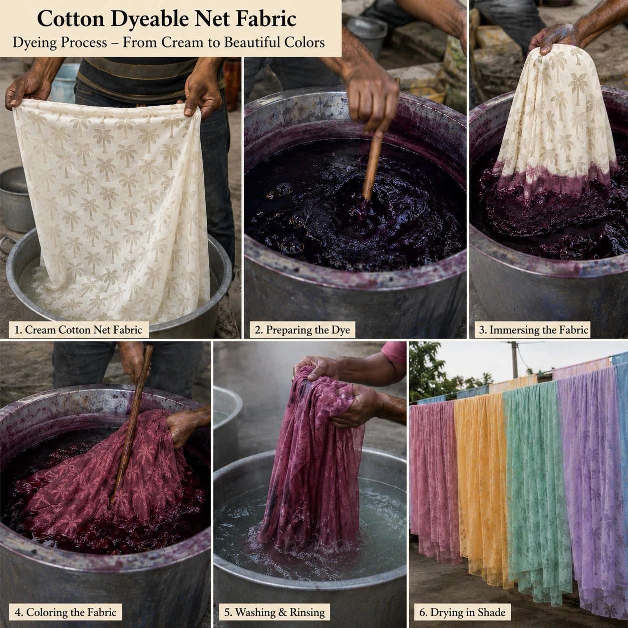 Cotton Dyeable Net Fabric Dyeing Process from Cream to Vibrant Colors, 60 Inch Width for Ethnic Wear and Boutique Clothing.