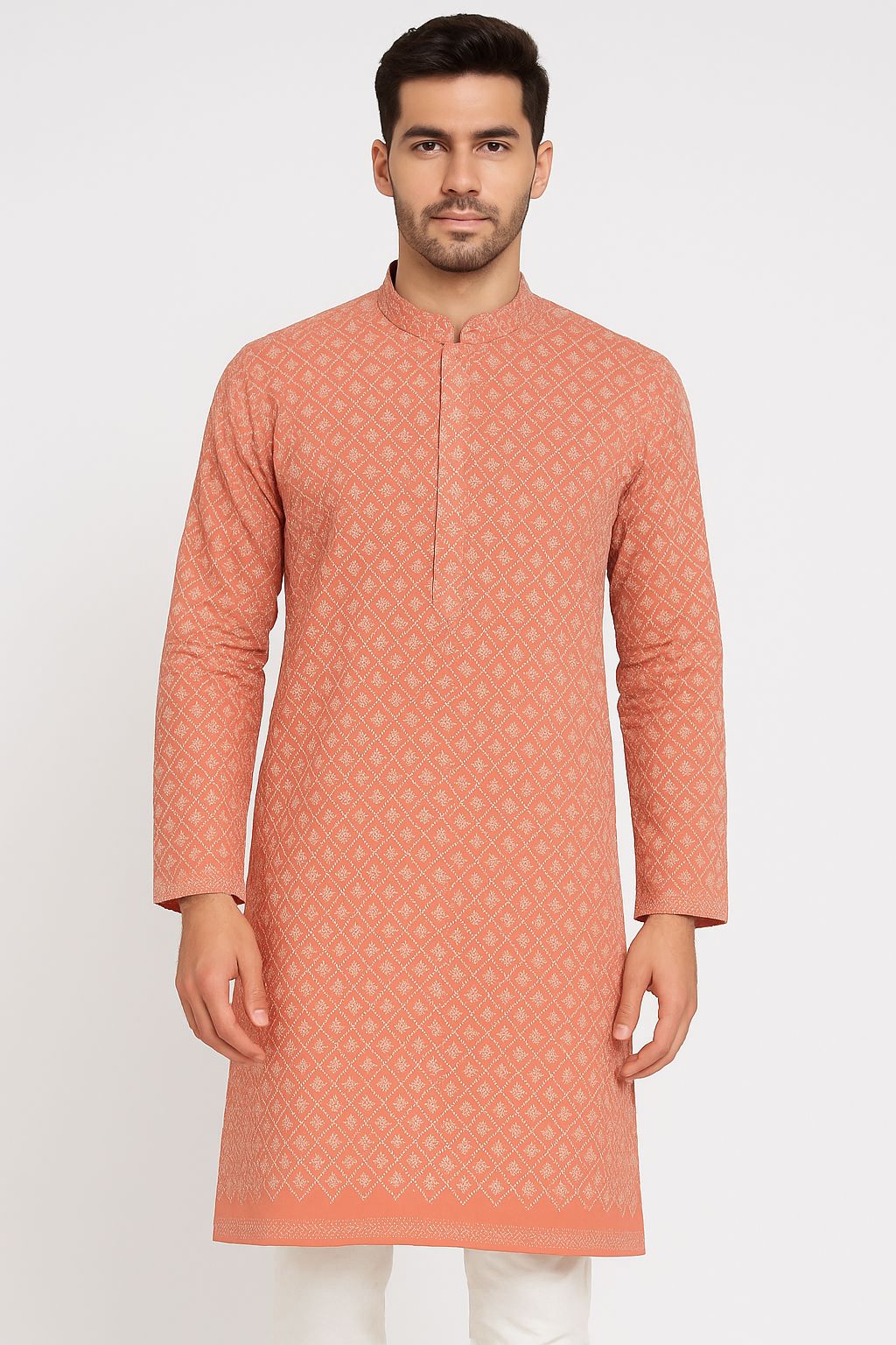 Premium pastel pink pure cotton fabric with lakhnavi thread embroidery for ethnic and festive clothing