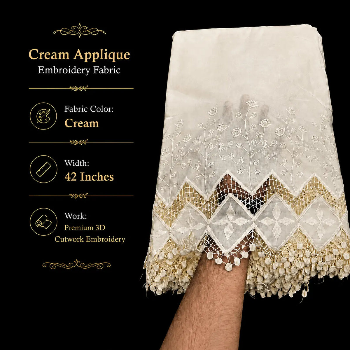 Cream Applique Embroidery Fabric with Premium 3D Cutwork, 42 Inch Width Cotton Fabric for Kurti, Suit, Dress Material & Palazzo