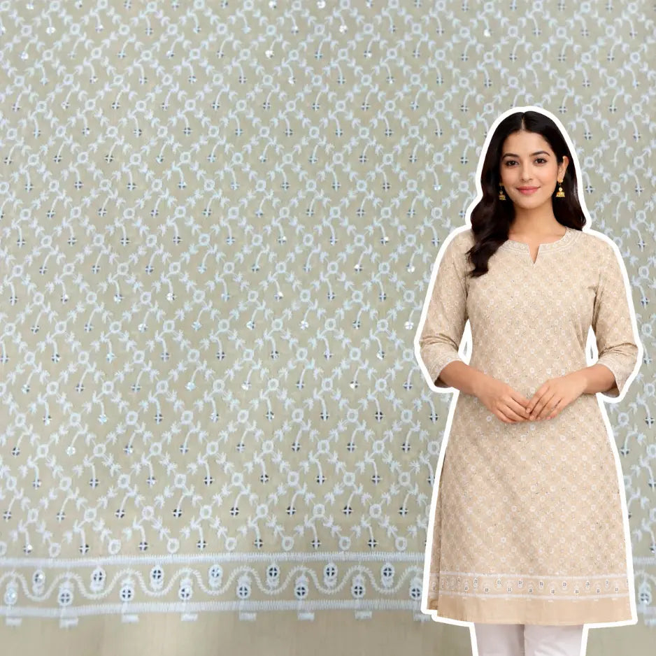 cream chikankari embroidered roman silk fabric women