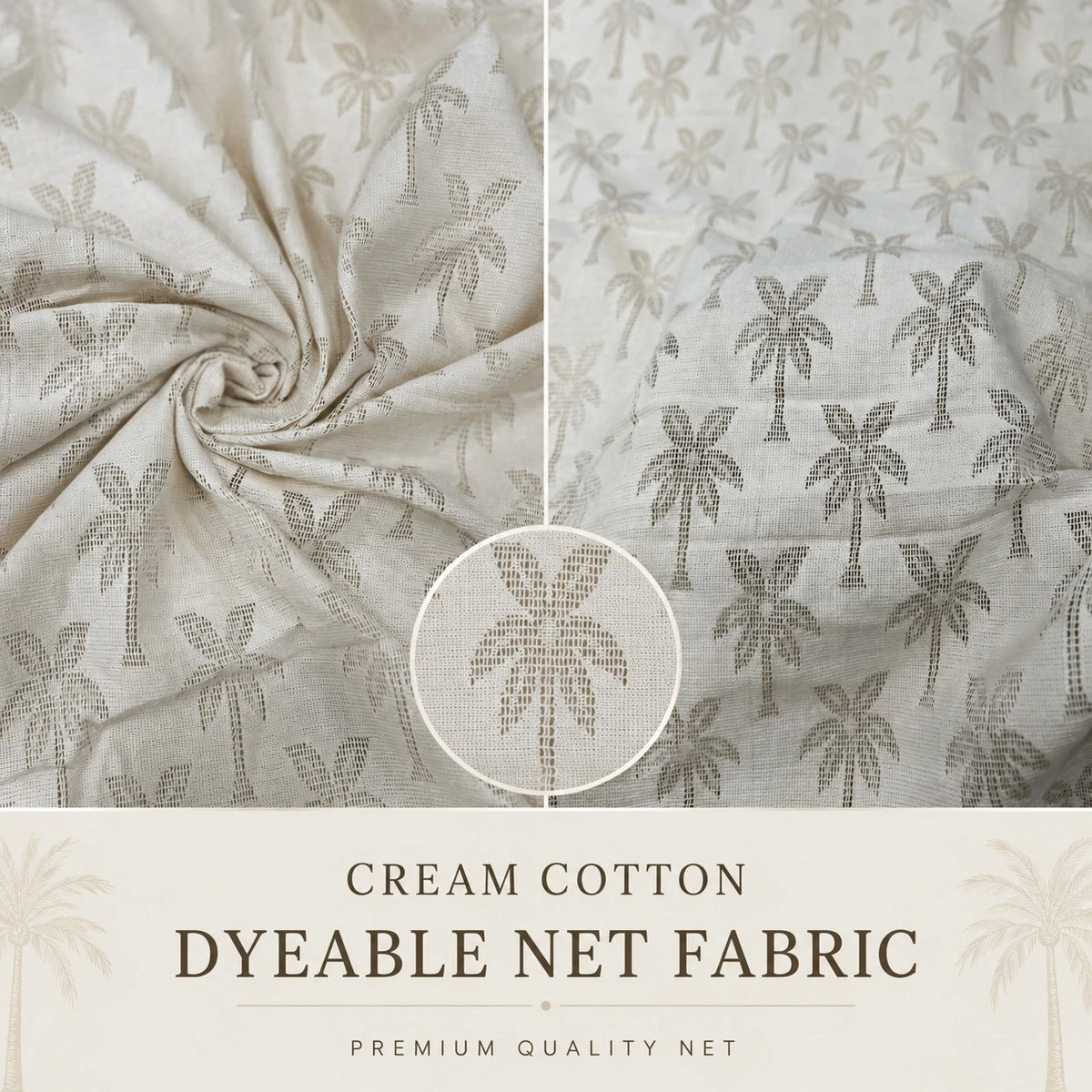 Cream Cotton Dyeable Net Fabric with floral embroidered pattern shown in detailed fabric close-up. Premium breathable 60-inch cotton net fabric for kurti, saree, dupatta and designer dressmaking.