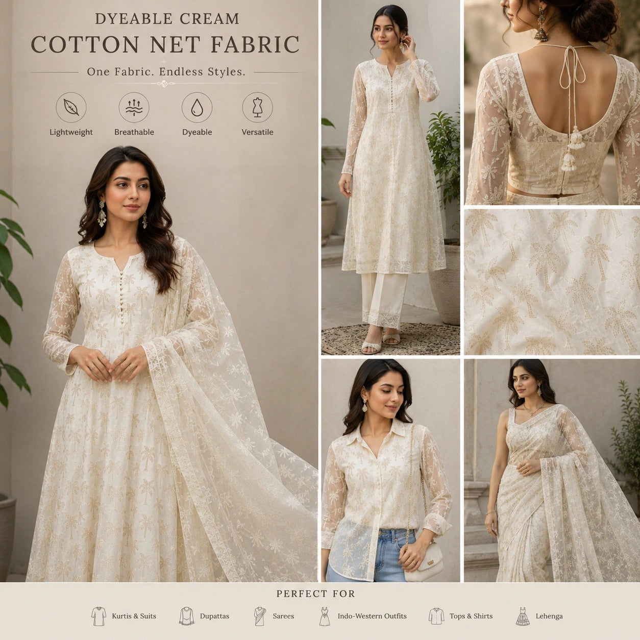 Cream Cotton Dyeable Net Fabric with floral embroidery displayed as kurti, saree, dupatta and western outfit. Premium 60-inch breathable fabric for ethnic wear, boutique clothing and custom dressmaking.