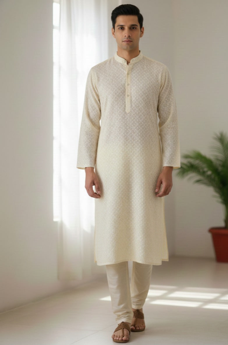 cream silk kurta fabric men chikankari embroidery