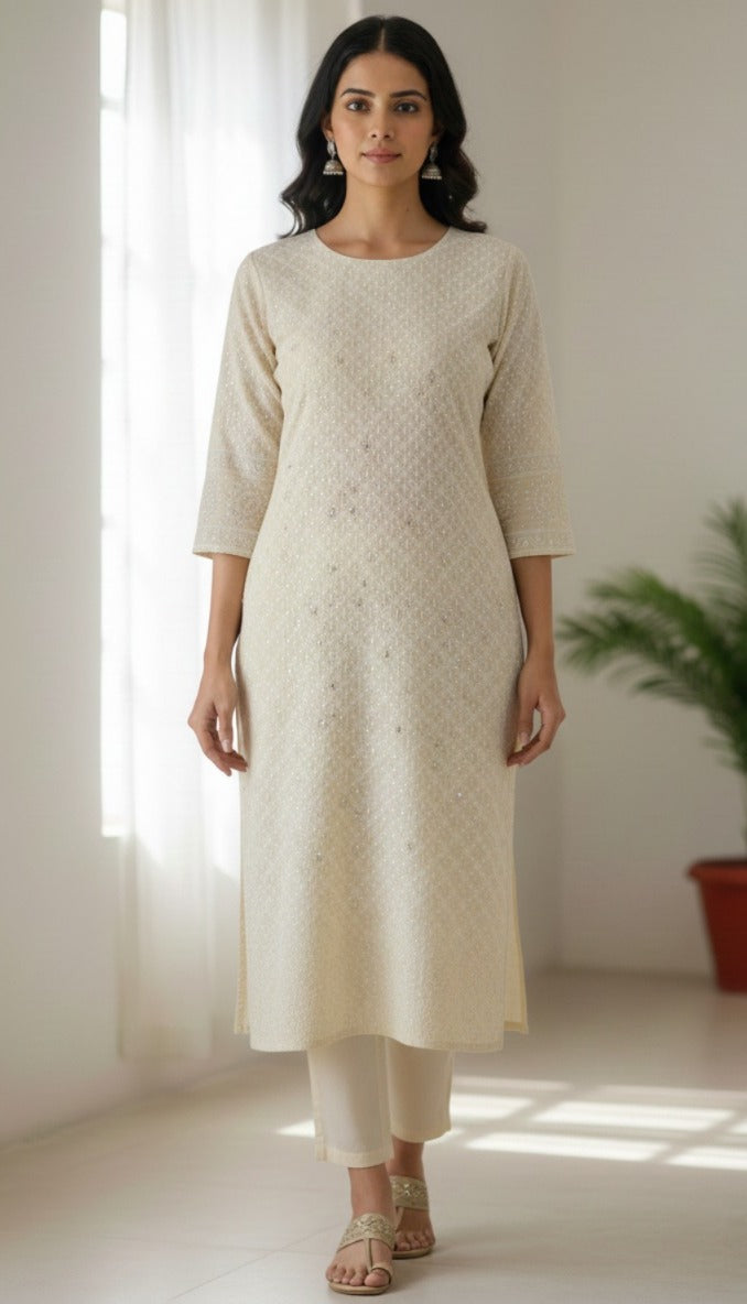 cream silk fabric silver sequin embroidery women