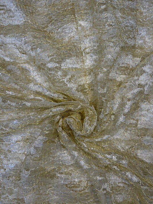 Close-up of shimmering gold decorative net fabric (36-inch width), perfect for festive wear, lehengas, and craft projects.