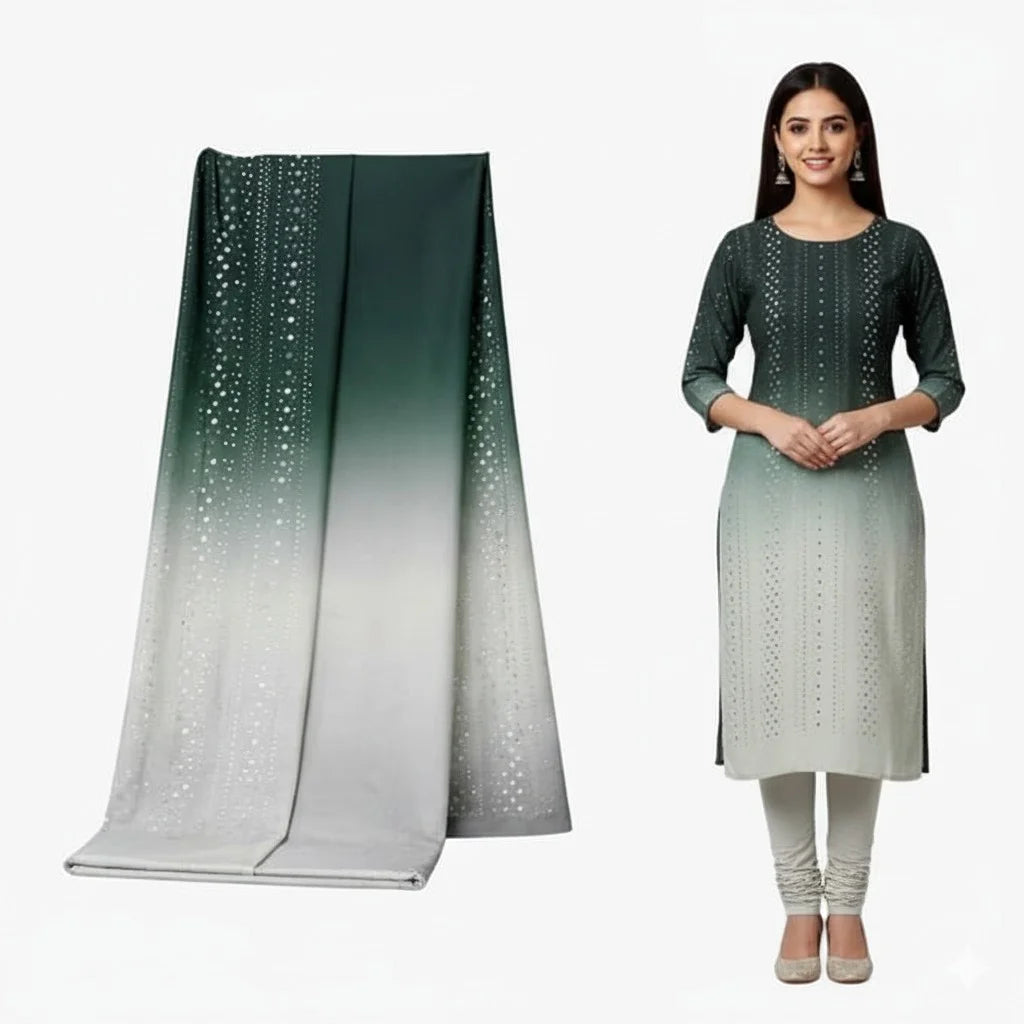 Dark green silver ombre kurti suit fabric with mirror embroidery