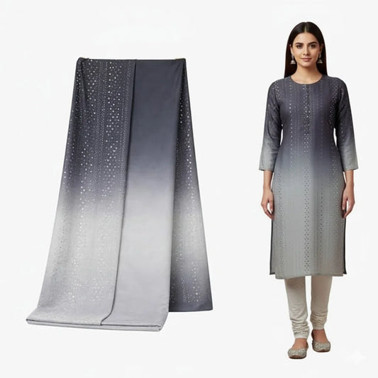 Dark grey to silver ombre embroidered kurti suit fabric